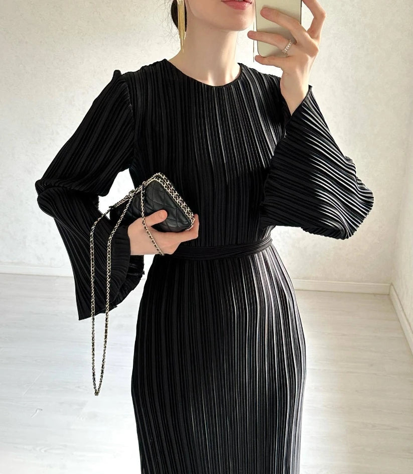 Pleated Flare Sleeve Dress